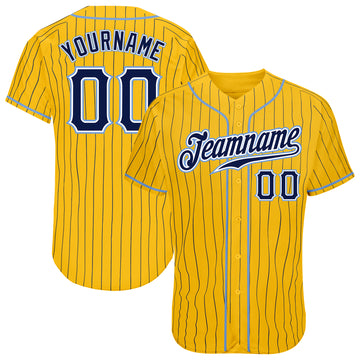 Custom Yellow Navy Pinstripe Navy-Light Blue Authentic Baseball Jersey