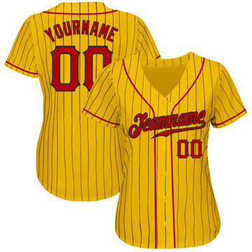 Custom Yellow Black Pinstripe Red-Black Authentic Baseball Jersey