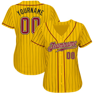 Custom Yellow Black Pinstripe Crimson-Cream Authentic Baseball Jersey