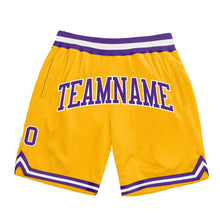 Load image into Gallery viewer, Custom Gold Purple-White Authentic Throwback Basketball Shorts
