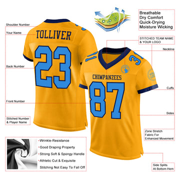 Custom Gold Powder Blue-Navy Mesh Authentic Football Jersey