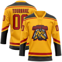 Load image into Gallery viewer, Custom Gold Red-Black Hockey Lace Neck Jersey
