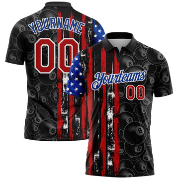 Custom Black Red-Royal 3D Pattern Design Billiards Snooker 8 Ball American Flag Performance Polo Shirt