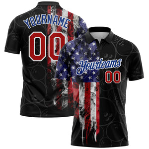 Custom Black Red-Royal 3D Pattern Design Bowling Ball American Flag Performance Polo Shirt