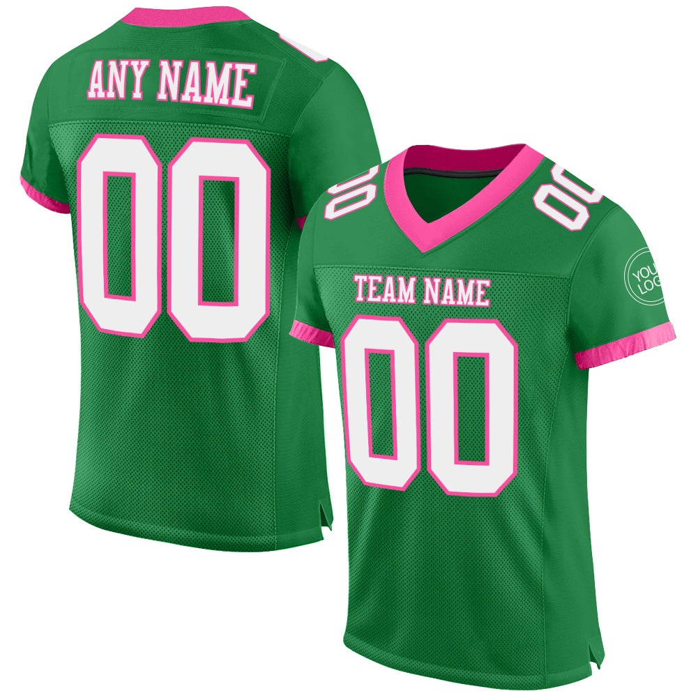 Custom Grass Green White-Pink Mesh Authentic Football Jersey