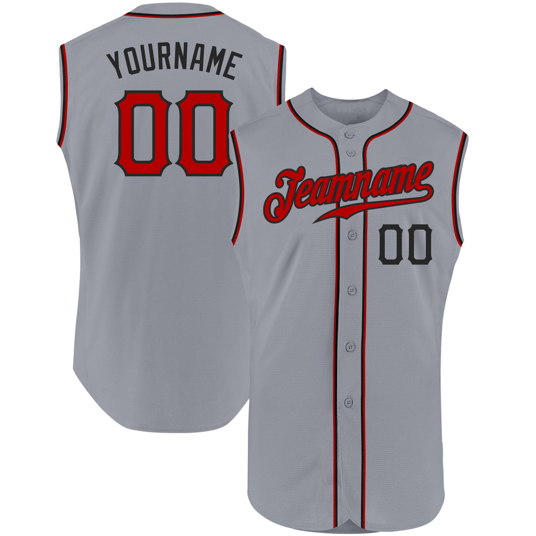 Custom Gray Red-Black Authentic Sleeveless Baseball Jersey