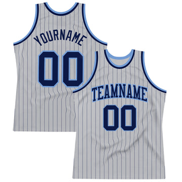 Custom Gray Navy Pinstripe Navy-Light Blue Authentic Basketball Jersey