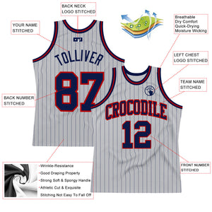 Custom Gray Navy Pinstripe Navy-Red Authentic Basketball Jersey