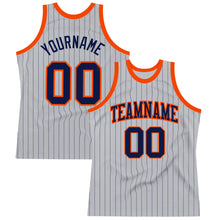 Load image into Gallery viewer, Custom Gray Navy Pinstripe Navy-Orange Authentic Basketball Jersey
