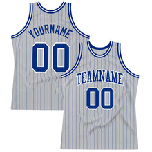 Load image into Gallery viewer, Custom Gray Royal Pinstripe Royal-White Authentic Basketball Jersey
