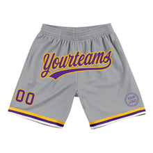 Load image into Gallery viewer, Custom Gray Purple-Gold Authentic Throwback Basketball Shorts
