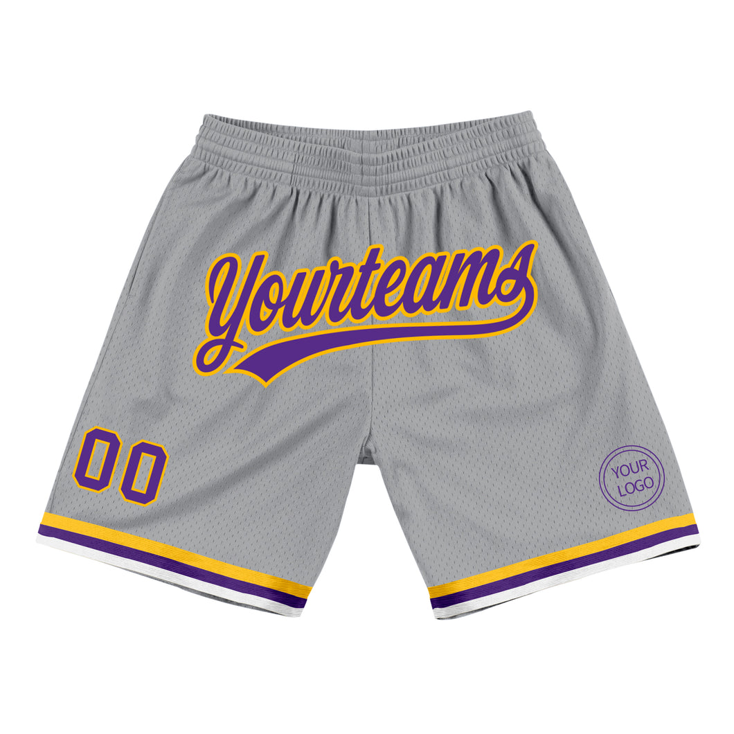 Custom Gray Purple-Gold Authentic Throwback Basketball Shorts