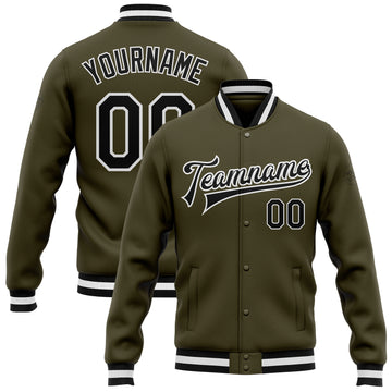 Custom Olive Black-White Bomber Full-Snap Varsity Letterman Salute To Service Jacket