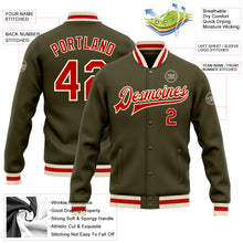 Load image into Gallery viewer, Custom Olive Red-Cream Bomber Full-Snap Varsity Letterman Salute To Service Jacket
