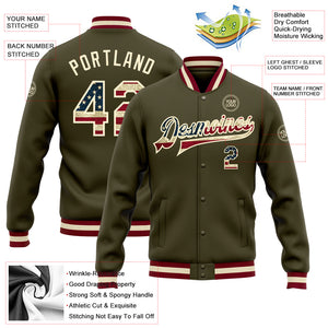 Custom Olive Vintage USA Flag Cream-Maroon Bomber Full-Snap Varsity Letterman Salute To Service Jacket