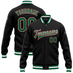 Custom Black Kelly Green-Red Bomber Full-Snap Varsity Letterman Jacket