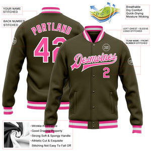 Custom Olive Pink-White Bomber Full-Snap Varsity Letterman Salute To Service Jacket