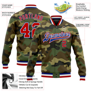 Custom Camo Red-Royal Bomber Full-Snap Varsity Letterman Salute To Service Jacket