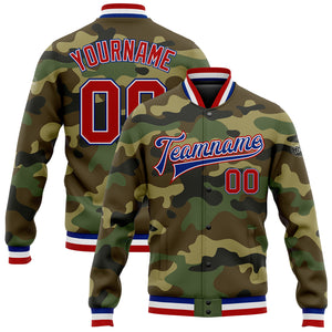 Custom Camo Red-Royal Bomber Full-Snap Varsity Letterman Salute To Service Jacket