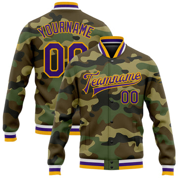 Custom Camo Purple-Gold Bomber Full-Snap Varsity Letterman Salute To Service Jacket