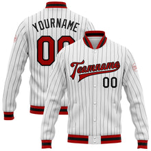 Load image into Gallery viewer, Custom White Black Pinstripe Red-Black Bomber Full-Snap Varsity Letterman Jacket
