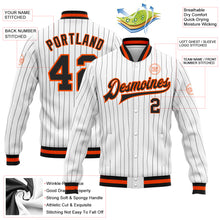 Load image into Gallery viewer, Custom White Black Pinstripe Black-Orange Bomber Full-Snap Varsity Letterman Jacket
