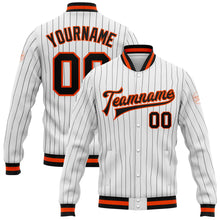 Load image into Gallery viewer, Custom White Black Pinstripe Black-Orange Bomber Full-Snap Varsity Letterman Jacket
