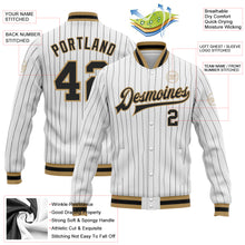 Load image into Gallery viewer, Custom White Black Pinstripe Black-Old Gold Bomber Full-Snap Varsity Letterman Jacket
