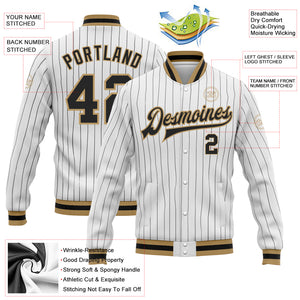 Custom White Black Pinstripe Black-Old Gold Bomber Full-Snap Varsity Letterman Jacket