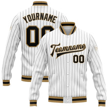 Load image into Gallery viewer, Custom White Black Pinstripe Black-Old Gold Bomber Full-Snap Varsity Letterman Jacket
