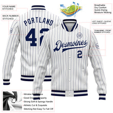 Load image into Gallery viewer, Custom White Navy Pinstripe Navy-White Bomber Full-Snap Varsity Letterman Jacket
