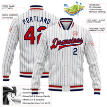 Load image into Gallery viewer, Custom White Navy Pinstripe Red-Navy Bomber Full-Snap Varsity Letterman Jacket
