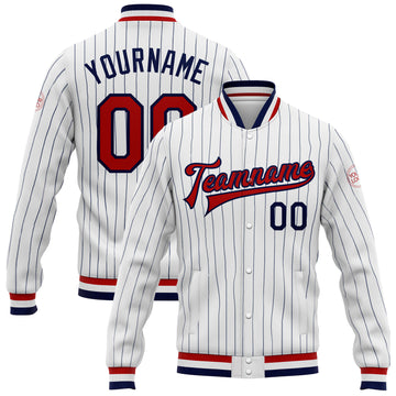 Custom White Navy Pinstripe Red-Navy Bomber Full-Snap Varsity Letterman Jacket