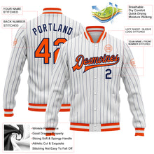 Load image into Gallery viewer, Custom White Navy Pinstripe Orange-Navy Bomber Full-Snap Varsity Letterman Jacket
