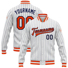 Load image into Gallery viewer, Custom White Navy Pinstripe Orange-Navy Bomber Full-Snap Varsity Letterman Jacket
