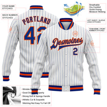 Load image into Gallery viewer, Custom White Royal Pinstripe Royal-Orange Bomber Full-Snap Varsity Letterman Jacket
