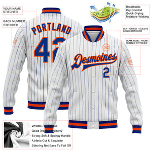 Custom White Royal Pinstripe Royal-Orange Bomber Full-Snap Varsity Letterman Jacket