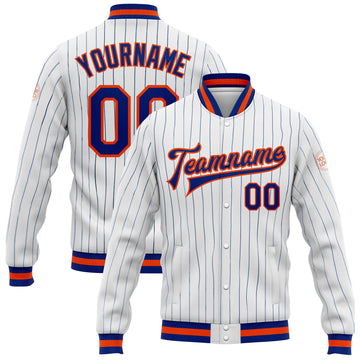 Custom White Royal Pinstripe Royal-Orange Bomber Full-Snap Varsity Letterman Jacket