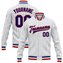 Load image into Gallery viewer, Custom White Royal Pinstripe Royal-Red Bomber Full-Snap Varsity Letterman Jacket
