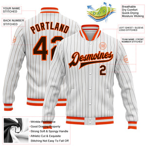 Custom White Brown Pinstripe Brown-Orange Bomber Full-Snap Varsity Letterman Jacket