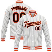 Load image into Gallery viewer, Custom White Brown Pinstripe Brown-Orange Bomber Full-Snap Varsity Letterman Jacket
