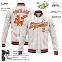 Load image into Gallery viewer, Custom White Orange Pinstripe Orange-Black Bomber Full-Snap Varsity Letterman Jacket
