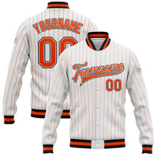 Load image into Gallery viewer, Custom White Orange Pinstripe Orange-Black Bomber Full-Snap Varsity Letterman Jacket
