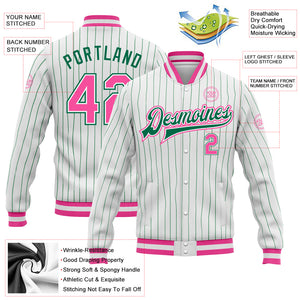 Custom White Kelly Green Pinstripe Pink-Kelly Green Bomber Full-Snap Varsity Letterman Jacket