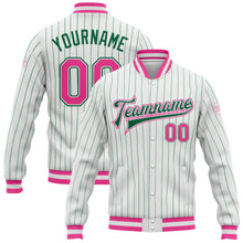 Load image into Gallery viewer, Custom White Kelly Green Pinstripe Pink-Kelly Green Bomber Full-Snap Varsity Letterman Jacket
