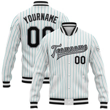 Load image into Gallery viewer, Custom White Aqua Pinstripe Black-Gray Bomber Full-Snap Varsity Letterman Jacket
