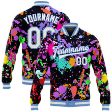 Load image into Gallery viewer, Custom Graffiti Pattern White-Light Blue Splashes 3D Bomber Full-Snap Varsity Letterman Jacket
