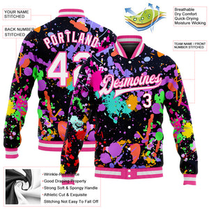 Custom Graffiti Pattern White-Pink Splashes 3D Bomber Full-Snap Varsity Letterman Jacket