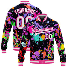 Load image into Gallery viewer, Custom Graffiti Pattern White-Pink Splashes 3D Bomber Full-Snap Varsity Letterman Jacket
