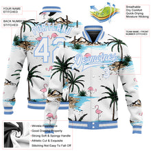 Load image into Gallery viewer, Custom White White-Light Blue Hawaii Palm Trees And Flamingo 3D Bomber Full-Snap Varsity Letterman Jacket
